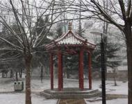 不一會(huì)，雪花就輕輕地覆蓋了整個(gè)大駐馬，連路邊游園的亭臺(tái)都讓這雪花修飾的如此意境不凡。